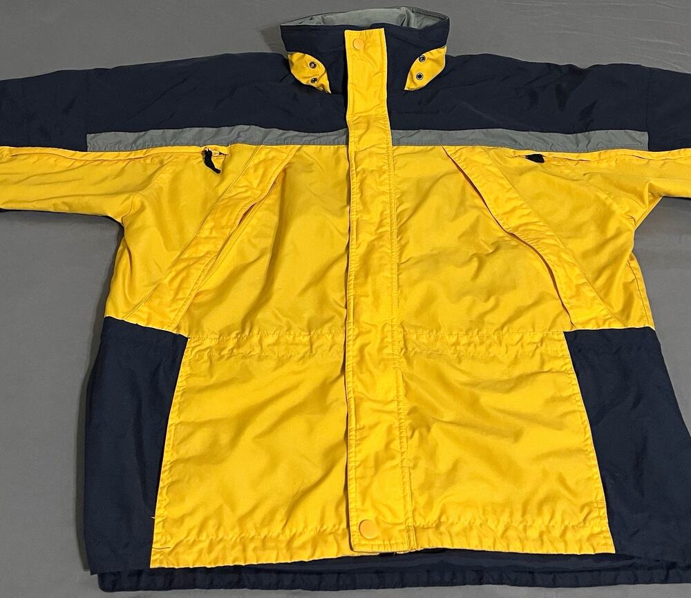 Vintage Roundtree Yorke Outdoors Mens L Yellow Navy Hooded Rain Jacket Gorpcore